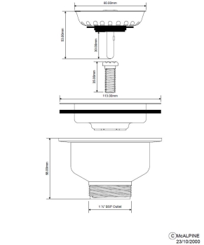 Preview: Technische Zeichnung Korbventil für Spüle ohne Überlauf mit Maßangaben, 114 mm Abdeckung, Gewindevarianten 6/4 Zoll, vertikaler Abgang